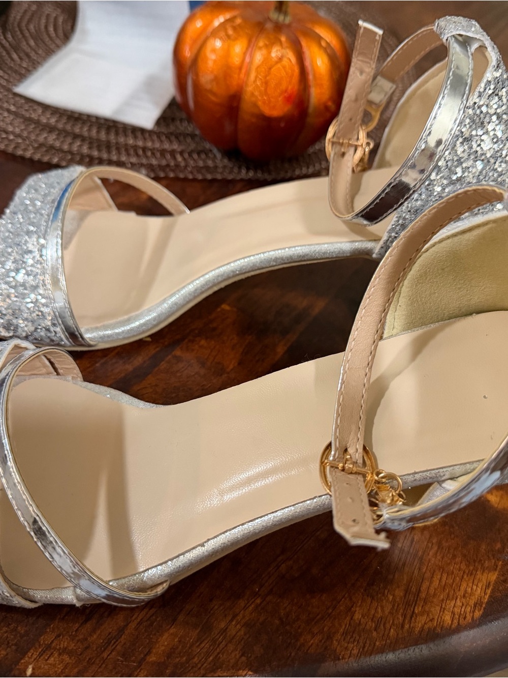 SHEIN Silver Glitter Ankle Strap Heels